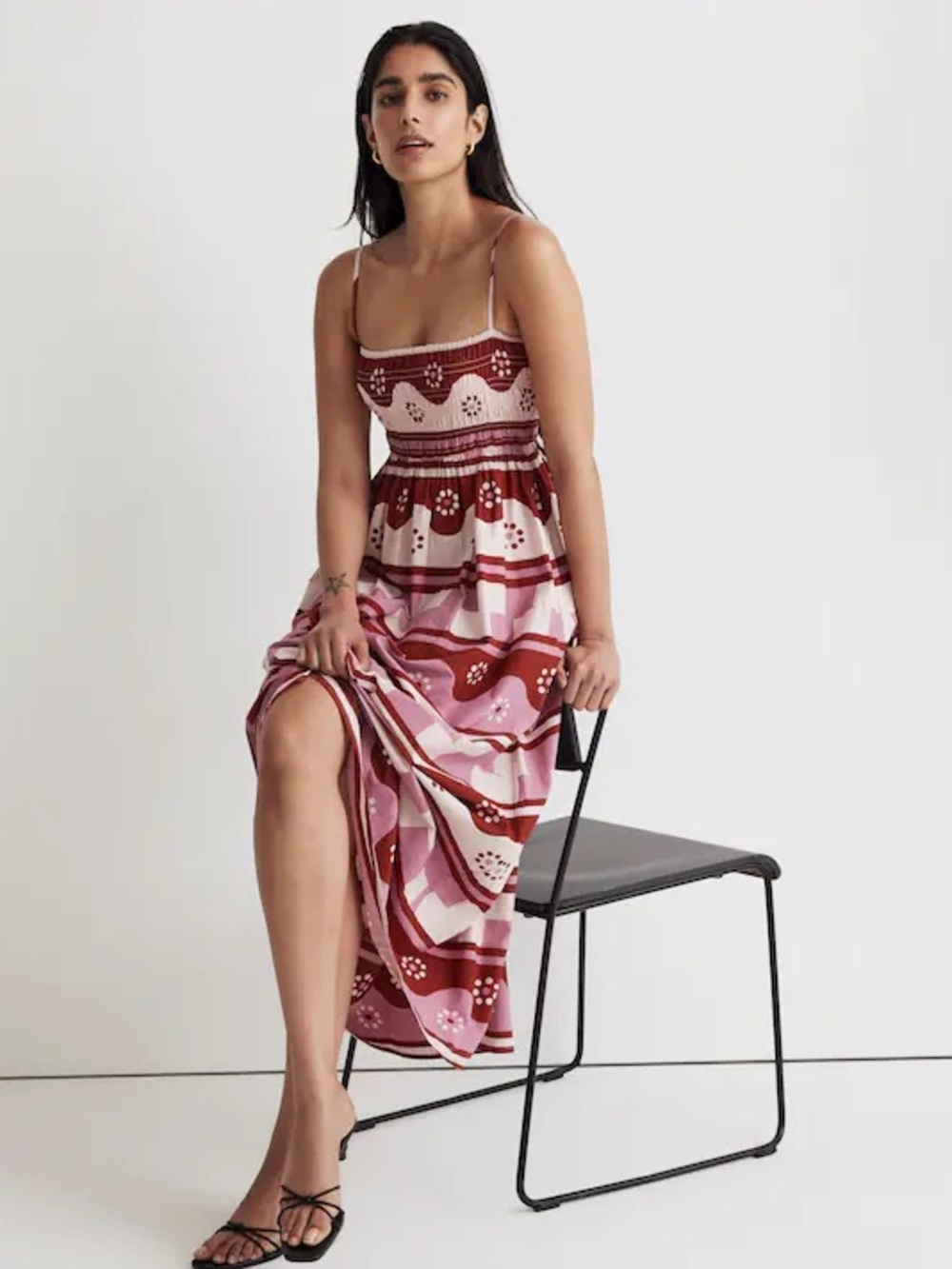 Madewell Theo Sleeveless Midi Dress Pink Geodaisy Batik Smocked Summer-Medium